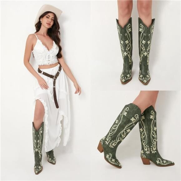Cowgirl Boots Women Knee High Vintage Cowboy Boots with Floral - Picture 6 of 7